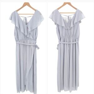 Simplee Chiffon Maxi Wrap Dress Ruffles Flowy Gray Large NWT